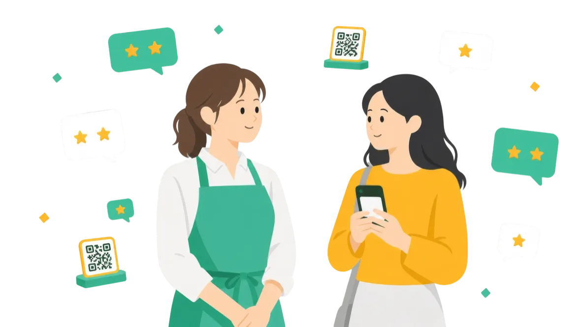卓上の二次元コードから、お客様がスマホで評価を送っている様子のイラスト